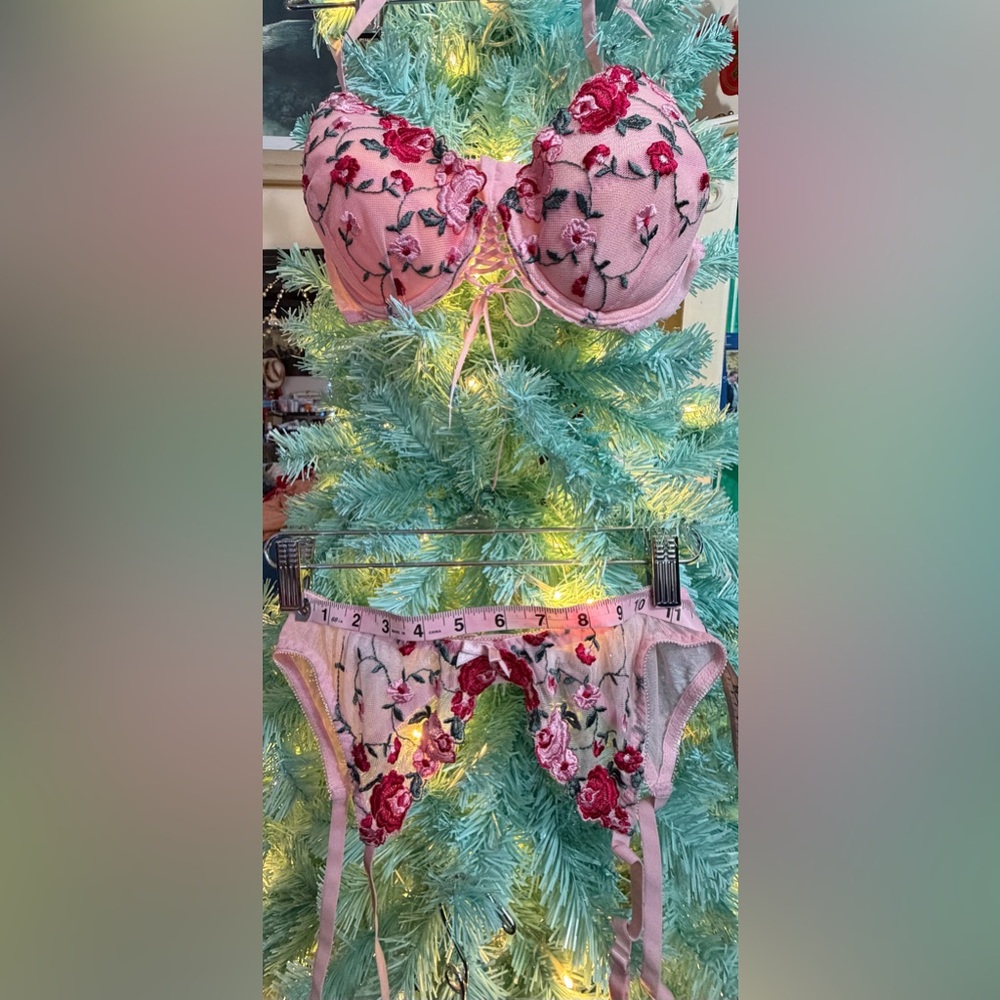 Vintage Frederick's of Hollywood Pink Floral Embroidered Bra Set